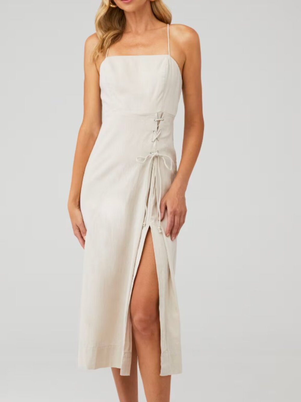 Free People Francesca Linen Lace Up Midi Dress NWOT Tan